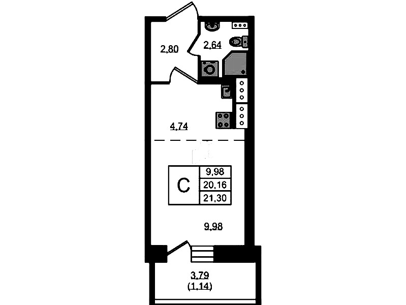 Квартира студия 21.3 м², 7/11 эт., ЖК «Новое Колпино»